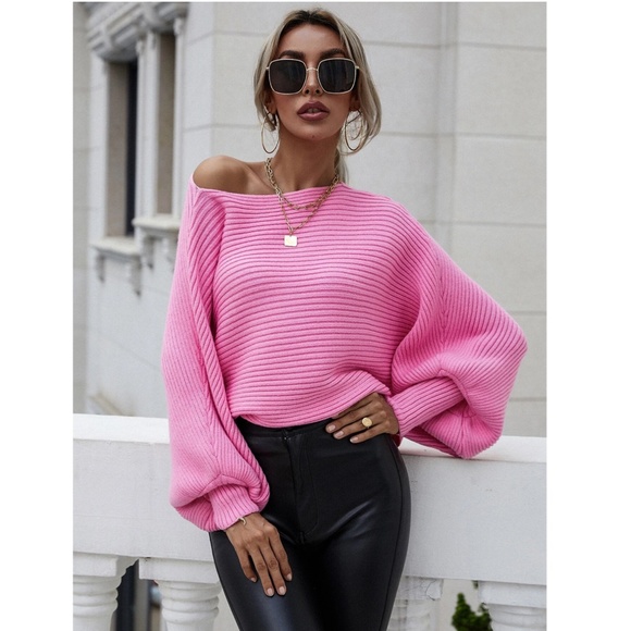 Pink Boat Neck Batwing Oversized Sleeves Knit Sweater - Picture 6 of 9
